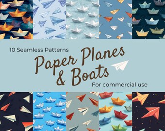 10 Paper Planes and Boats Seamless Patterns | Repeating Pattern Designs | Digital Download