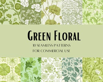 10 Green Floral Botanical Seamless Patterns | Repeating Flower Designs | Digital Download