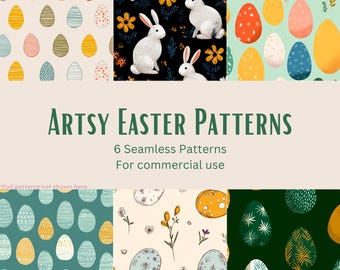 6 Artsy Easter Seamless Patterns | Repeating Bunny + Easter Egg Designs | Digital Download
