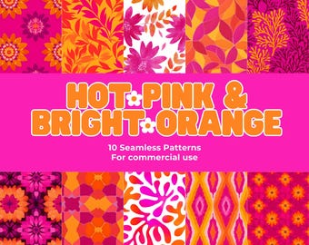 Conjunto de estampas sem costura em rosa choque e laranja vibrante (download digital, arquivo PDF de 30 x 30 cm)