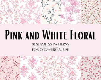 10 Pink and White Floral Botanical Seamless Patterns | Repeating Flower Designs | Digital Download