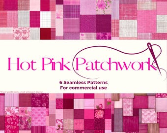 Hot Pink Patchwork Patterns | Patchwork and material sewn Seamless Designs (PDF Digital Download)