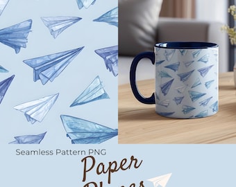 Blue and White Paper Planes Seamless Pattern png | Repeating Paper Plane Design | Digital Download