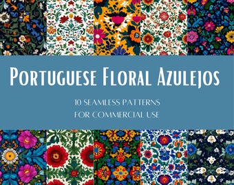 10 Portuguese Floral Azulejos Seamless Patterns | Repeating Artsy Flower and Tile Designs | Digital Download