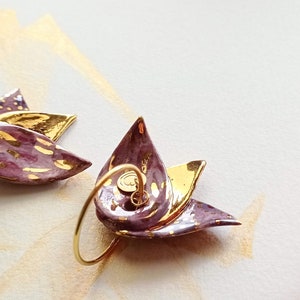 Lotus ceramic earrings, delicate and elegant earrings, pink and gold flower earrings, These earrings add a touch natural grace to your style image 4