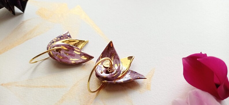Lotus ceramic earrings, delicate and elegant earrings, pink and gold flower earrings, These earrings add a touch natural grace to your style image 4