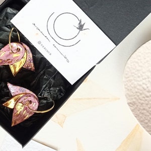 Lotus ceramic earrings, delicate and elegant earrings, pink and gold flower earrings, These earrings add a touch natural grace to your style image 6