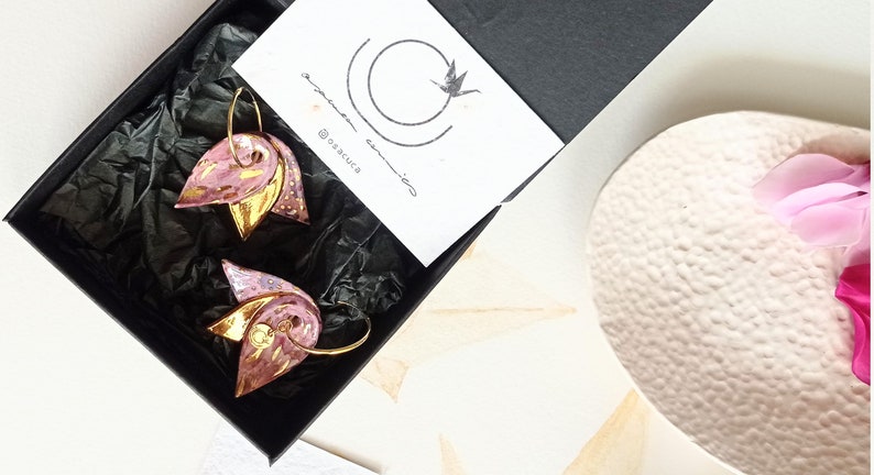 Lotus ceramic earrings, delicate and elegant earrings, pink and gold flower earrings, These earrings add a touch natural grace to your style image 6