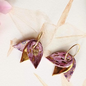 Lotus ceramic earrings, delicate and elegant earrings, pink and gold flower earrings, These earrings add a touch natural grace to your style image 3