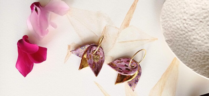 Lotus ceramic earrings, delicate and elegant earrings, pink and gold flower earrings, These earrings add a touch natural grace to your style image 3