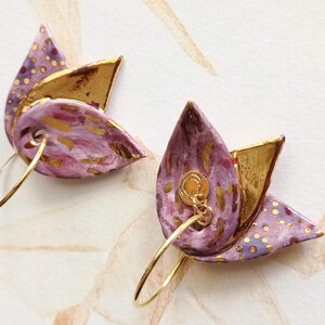 Lotus ceramic earrings, delicate and elegant earrings, pink and gold flower earrings, These earrings add a touch natural grace to your style image 2