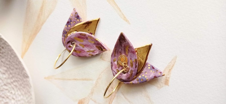 Lotus ceramic earrings, delicate and elegant earrings, pink and gold flower earrings, These earrings add a touch natural grace to your style image 2