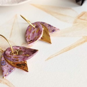 Lotus ceramic earrings, delicate and elegant earrings, pink and gold flower earrings, These earrings add a touch natural grace to your style image 1