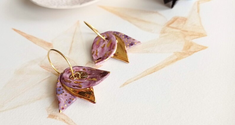 Lotus ceramic earrings, delicate and elegant earrings, pink and gold flower earrings, These earrings add a touch natural grace to your style image 1