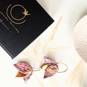 Lotus ceramic earrings, delicate and elegant earrings, pink and gold flower earrings, These earrings add a touch natural grace to your style image 7