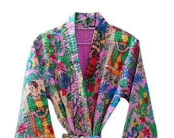 Long Indian Style Quilted Jacket, Floral Printed Women Wear Kantha,Patchwork Jacket, Night Bath Robe, kimono jacket, Handmade Bath Robe Coat