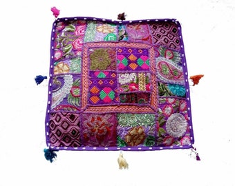 Purple Patchwork Khambadiya 16"squre Cushion Cover Pillow Cotton with Sequin & Beads Indian Bohemian Throw Couch Sofa Cover Handmade Décor