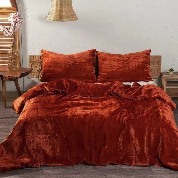 Luxury Crushed 3 Pieces Set Velvet Duvet Cover Boho Bedding UO Comforter Cover Donna Cover Burnt Orange Color Bedding Duvet Velvet