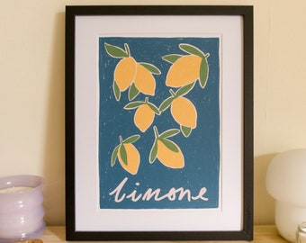 DIN A4 | A5 Kunstdruck - limone, italienische Zitronen, auffällige Zitronen auf dunkelblauem Hintergrund, sommerliche Malerei
