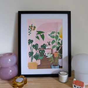 Cosy Cat in Pink Plant Shop Art Print (A4, A5, A6 postcard)