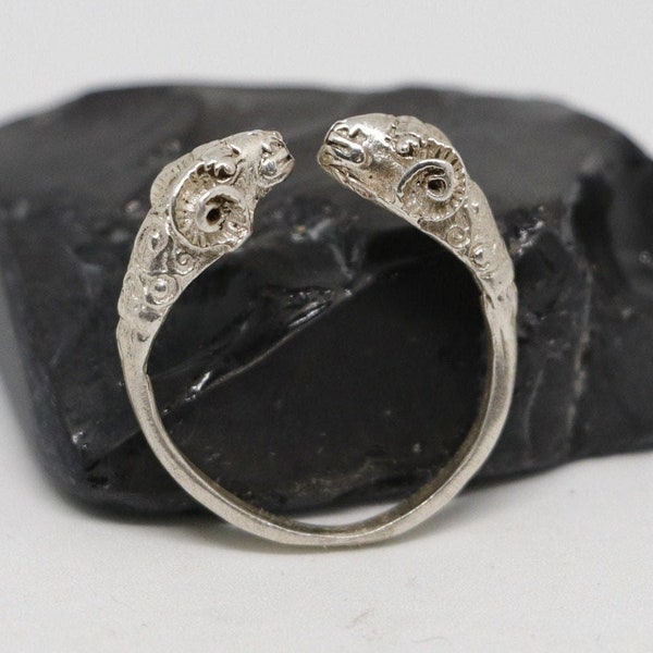 Silver Bronze Double Ram Head Ring | Handmade 925 Sterling Silver Ring