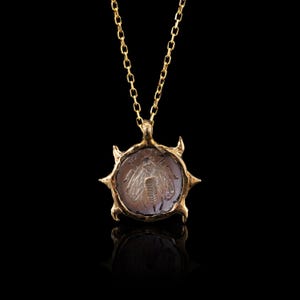 Handmade Bronze Bee Necklace with Mother of Pearl Inlay – One of a Kind Insect Jewelry – Vintage Style Bug Pendant Gift for Her