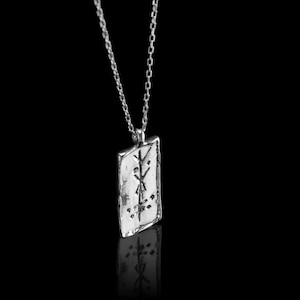 Handcrafted Silver or Bronze Rectangular Pendant Necklace - Ancient Symbol Amulet - Artisan Jewelry - Mystical and Minimalist Design