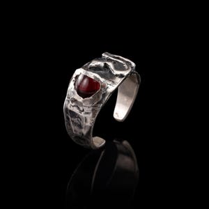 Handmade Sterling Silver Snake Ring with Garnet - Brutalist Serpent Statement Ring - Unique Garnet Animal Jewelry for Men & Women