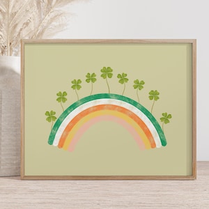 Art mural de la Saint-Patrick, arc-en-ciel de style aquarelle, trèfles à quatre feuilles, trèfles au format jpg pour l&#39;impression | Téléchargement numérique