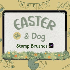 Peut inclure: Illustration d'art numérique avec le texte "Easter & Dog" et "54 Stamp Brushes" sur un écran de tablette. L'image est entourée de dessins au trait d'œufs de Pâques, de chiens, de poussins et d'une bannière avec le mot "HAPPY".