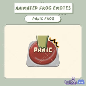 Puede incluir: Ilustración de un botón rojo con la palabra "PANIC" siendo presionado por una mano de rana verde. La imagen forma parte de un conjunto de "EMOTES DE RANA ANIMADOS" y está diseñada para plataformas como Twitch y Discord.