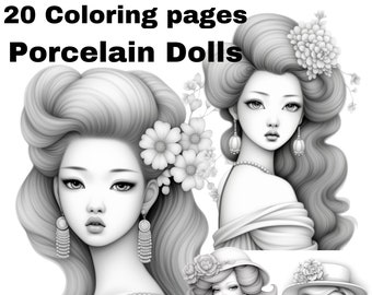 Porcelain dolls | Coloring Book | Printable Adult | Kids Coloring Pages Instant Download Grayscale | floral princess | Illustration PDF