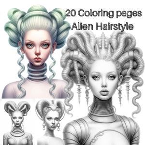 Alien Hairstyle | Coloring Book | Printable Adult | Beautiful Alien Godness | Instant Download Grayscale | Alien Girl | Illustration PDF