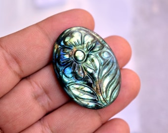 Hand Carving, 28x38mm, Multi Fire Labradorite, Labradorite Carved Gemstone, Labradorite Carving, Flower Hand Carved, 58 Carat