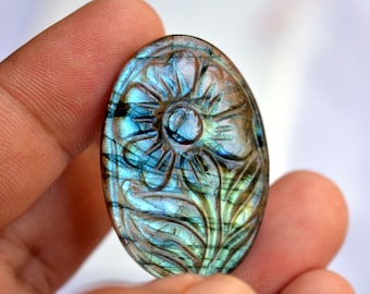 Hand Carving, Labradorite Carved Gemstone, Multi Fire Labradorite, Labradorite Carving, Flower Hand Carved, 25x37mm, 53 Carat