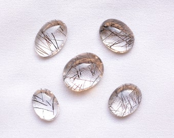 Rutilated Quartz Cabochon, 25 Carat, Tourmalated Quartz Oval Shape Cabochons, 8x11mm - 11.5x14mm, Gemstone For Jewelry, 5 Pcs Lot