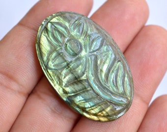 Hand Carving, Labradorite Carved Gemstone, 26x41mm, Labradorite Carving, Blue Fire Labradorite, Flower Hand Carved, 59 Carat