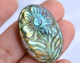 Labradorite Carved Gemstone, Carved Flower, Labradorite Carving, Blue Fire Stone, Hand Carving, Gemstone For Jewelry, 58 Carat, 24x36mm