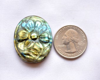 Labradorite Carved Gemstone, 27x34mm, Hand Carving, Blue Fire Labradorite, Labradorite Carving, Flower Hand Carved, 63 Carat