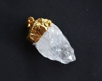 Gold Electroplated, Rough Gemstone Pendant, Crystal Quartz Pendant, Handmade Pendant, Raw Stone Pendant, Single Loop Pendant