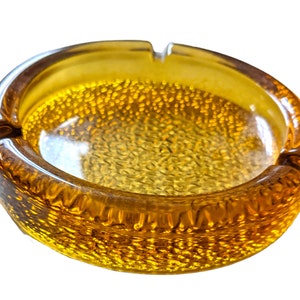 Vintage Mid Century Modern Blenko Pebbled Amber Glass Ashtray. Ribbed Blenko Ashtray.