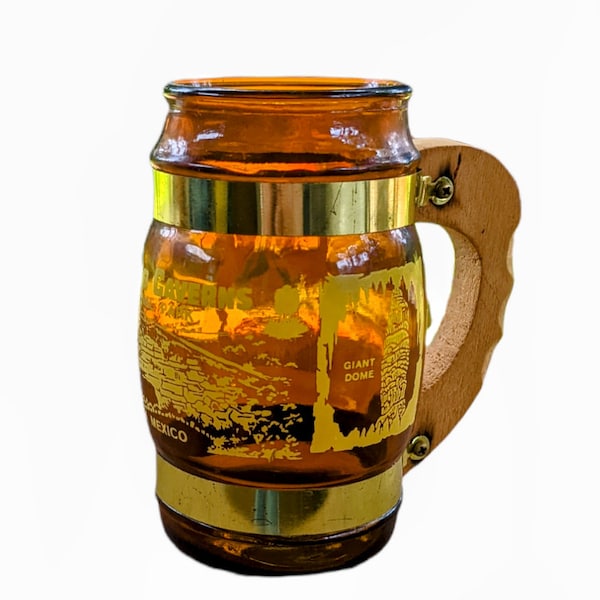 Vintage 1970s Siesta Ware Tiki Stein/ Beer Mug w/ amber glass and wood handle, Souvenir Carlsbad Caverns, NEW MEXICO.