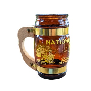 Vintage siesta Ware tiki Amber mug with wooden handle, 1970s, Gettysburg Pennsylvania National Tower