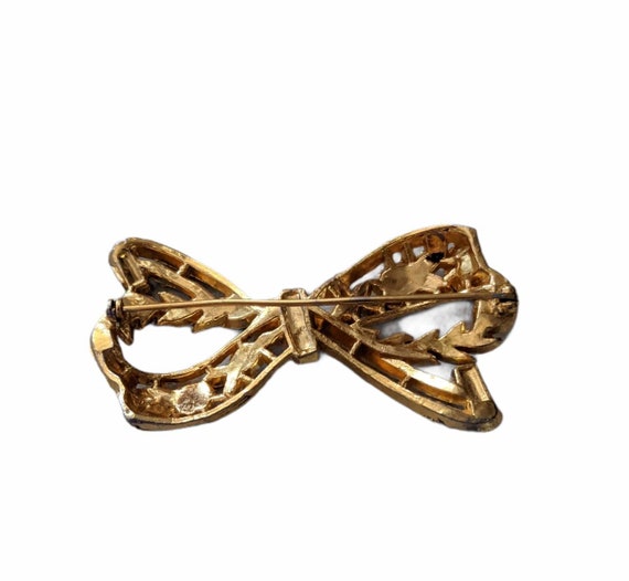 Vintage Bow brooch with rhinestones in center, gr… - image 3