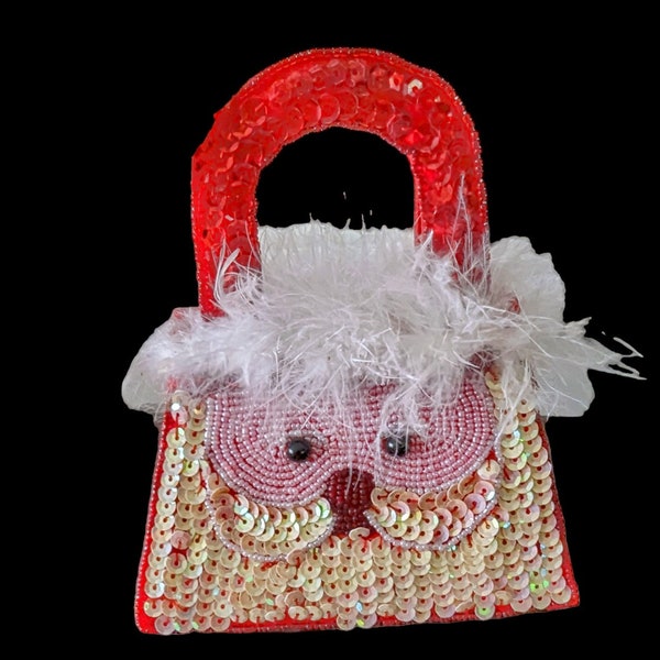 Vintage Childs Purse with Adorable face, beads, feathers, and bead eyes. Bright Red with pink and white. Perfect gift for a little girl.