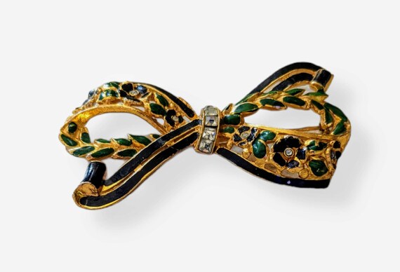 Vintage Bow brooch with rhinestones in center, gr… - image 4