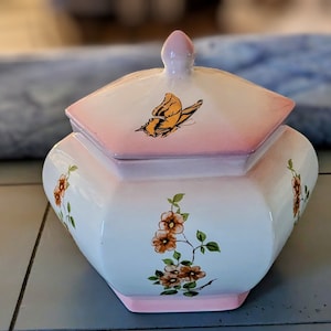 Vintage Elegant Paneled Hexagon Ginger Jar, Floral Ginger Jar, Butterfly Ginger Jar.