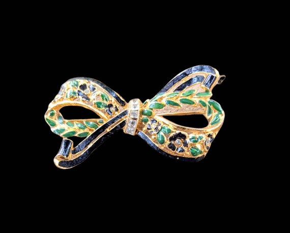 Vintage Bow brooch with rhinestones in center, gr… - image 1