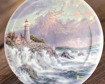 Vintage Thomas Kincaid Decorative Plate with Hanger, "Through the Storm You Do Not Walk Alone" Psalm 50:15, First issue Thomas Kincaid.