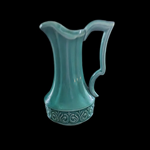 Norleans Deep Mint Green Ceramic Ewer/ Pitcher, made in Japan, MCM Ewer, embossed banner with flowers and fleur de lis and scroll design .